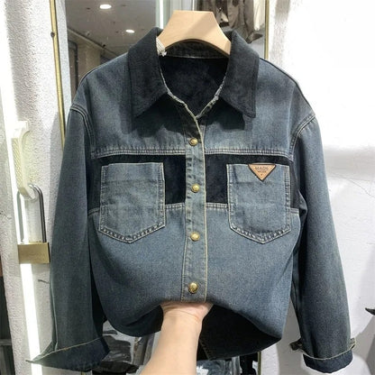 Women's Denim Blouse 2025 Autumn Winter Mid Length Version Add Velvet Ladies Tops Long Sleeve Versatile Lady Cowboy Shirt