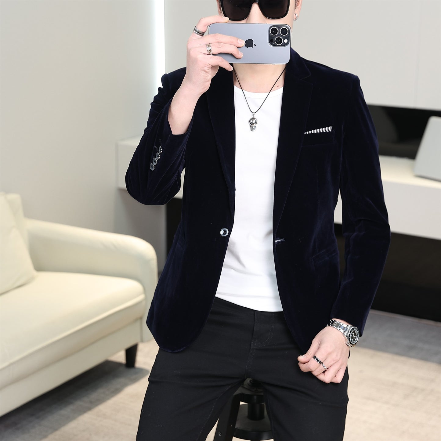 Gold Velvet Suit Men's Trendyy Performance Suit Spring & Fall All Year Round Slim Thin Youth Dress Groomsmen Groom's Dress Wedding Party Suit