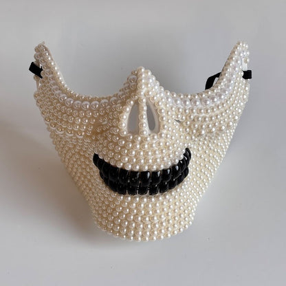 New Ghost Rider Mask Handmade DIY Pearl Carnival Party Mask, Horror Half Face Chin Mask for Men and Women, Halloween