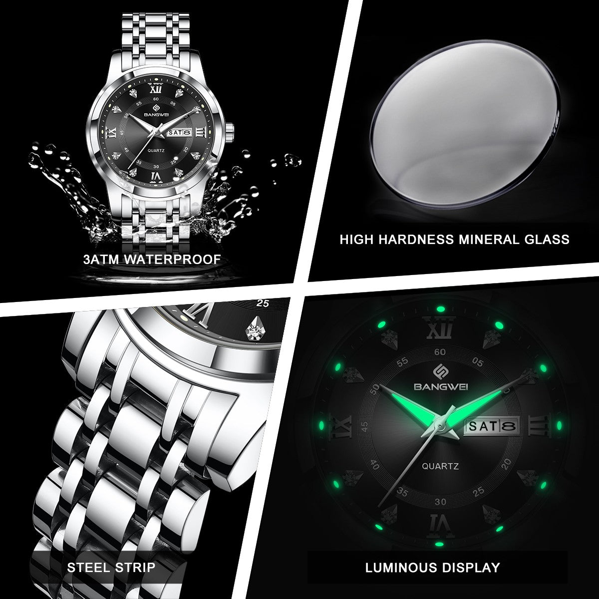 LIGE Brand BANGWEI Quartz Man Watch Fashion Stainless Steel Band Business Luxury Diamond Waterproof Calendar Watches for Men+Box