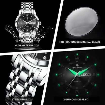 LIGE Brand BANGWEI Quartz Man Watch Fashion Stainless Steel Band Business Luxury Diamond Waterproof Calendar Watches for Men+Box