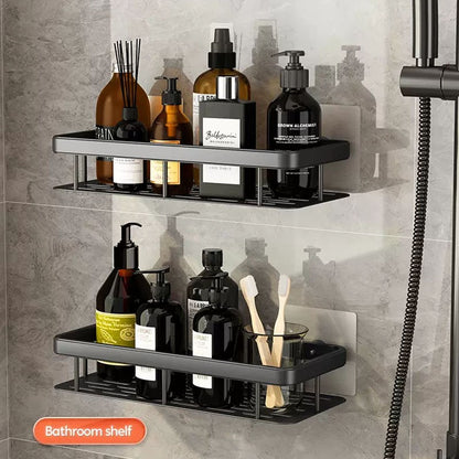Black rectangular perforation-free bathroom storage rack Kitchen bathroom countertop wall hanging thick storage rack