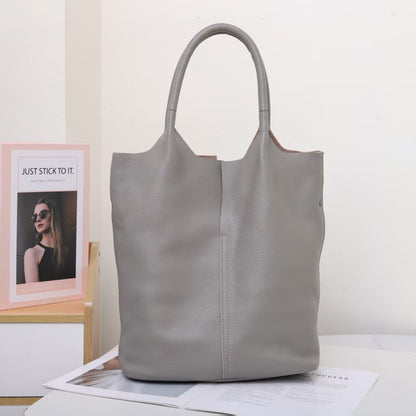 Genuine Grade Leather Women Commuter Tote Bag Ladies Soft Cowhide Tote Shoulder Handbag Large Female Bucket Bag Luxury Designer