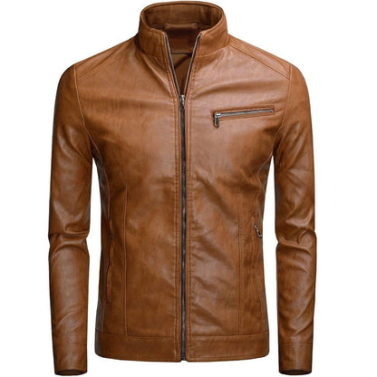Autumn Winter Men Stand Collar Motorcycle Leather Jacket Coat Brown Black Coffee Multi Color Options Slim Fit Trendy Outerwear