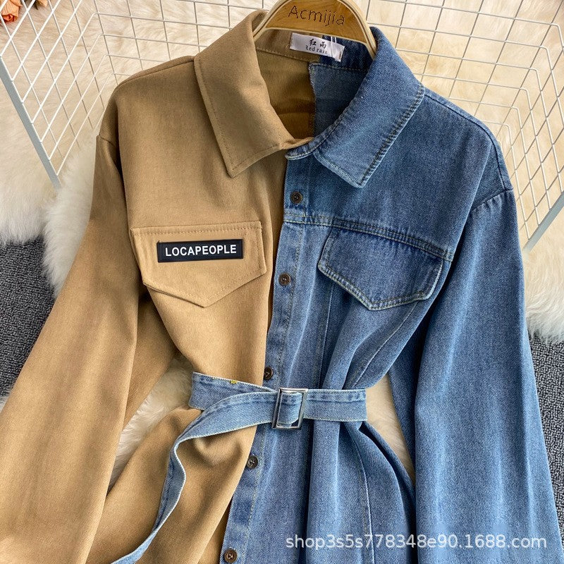 Slimming Denim Patchwork Lapel Dress Autumn Waist-fitted Medium-length Shirt