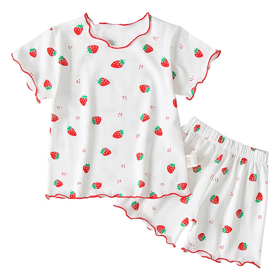 Girls Summer Pajama Sets Stylish Cartoon Pattern Printing Short Sleeve Top and Pants Made from Luxurious Cozy Ice Silk Material