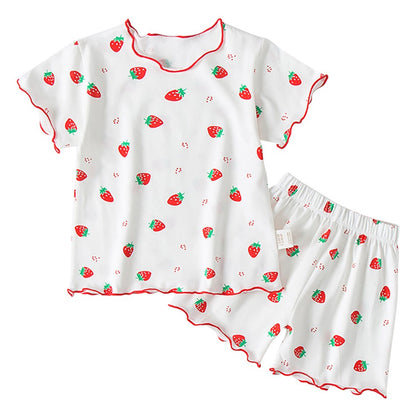 Girls Summer Pajama Sets Stylish Cartoon Pattern Printing Short Sleeve Top and Pants Made from Luxurious Cozy Ice Silk Material