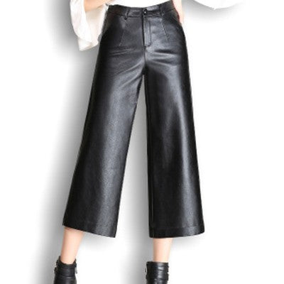 Pu wide leg pants capri women 2022 winter autumn high waist straight leather pants female trousers clothe pantalon femme
