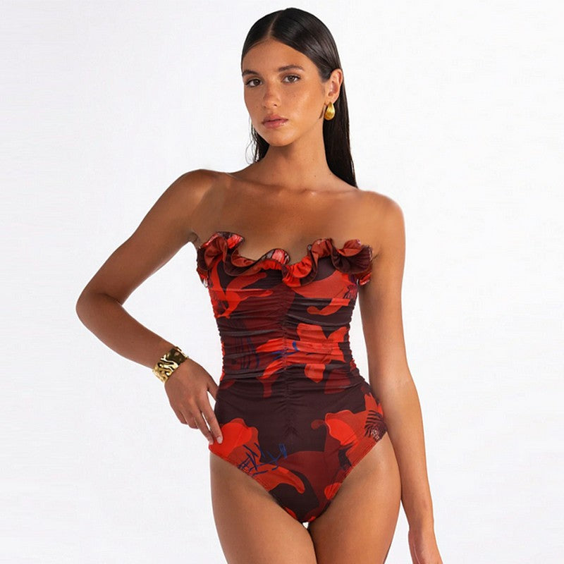 Women Sexy Bikini Set Swimsuit Lily Contrast Print Fabric Patchwork Skirt Push Up Swimsuit Biquini Bodysuit Bathing Suits