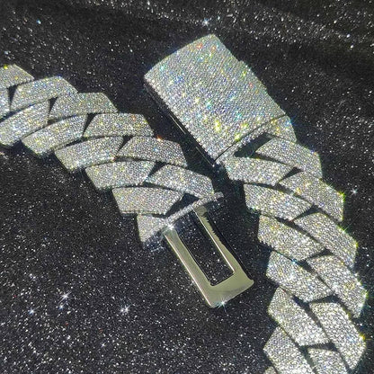 Colar Masculino/Feminino Folheado a Ouro Branco/18k com Corrente Cubana Grossa de 15mm com Duas Fileiras de Zircônias Cravejadas, Joia de Hip Hop com Zircônias Cravejadas, Presente