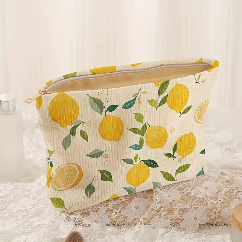 Minimally designed floral printed corduroy zipper makeup bag, lightweight and multifunctional cosmetic storage bag
