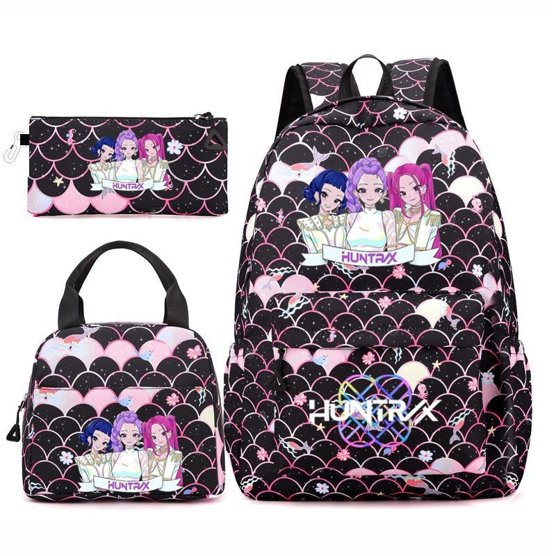 3pçs Mochilas K-pop Demon Hunters Desenho Animado Anime Escolar com Lancheira Mochilas Infantis Impermeáveis Presentes para Aluno
