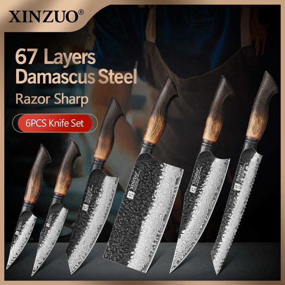 XINZUO 1-6-Piece Damascus Knife Set 67-Layer Steel White Oak Red G10 Handles Paring Utility Cleaver Santoku Bread Knife
