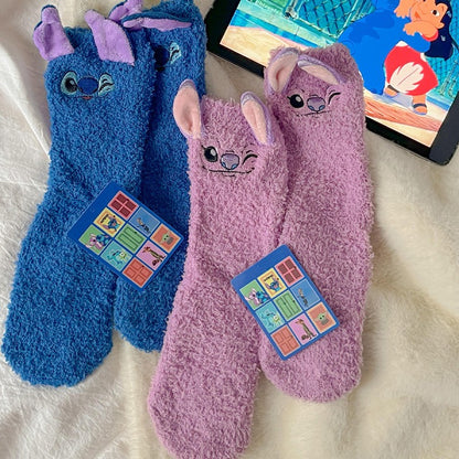 Meias Térmicas Fofas de Desenho Stitch da Disney Meias de Coral Fleece Antiderrapantes para Casa Presente Fofo de Inauguração Presente de Natal Meias de Casal