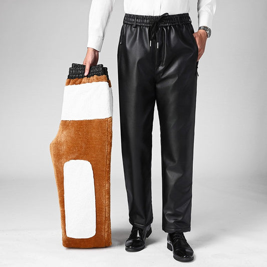OUSSYU Brand High Quality Winter Outdoors Fleece Warm Pants Men Zippered Pocket Business Straight Flocking PU Trousers Plus Size