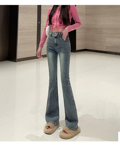 High Waist Fce Lined Thiened Autumn Winter American Bla ey Micro Flared Jeans Women Slimming Legging  Hoof Pants