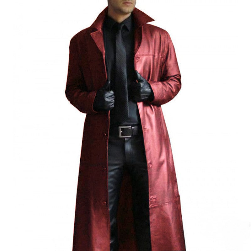 2025 Men Faux Leather Trench Fashion Long Sleeve Autumn Windbreaker Coat Slim Leather Long Leather Jacket Men's Jacket Outwear