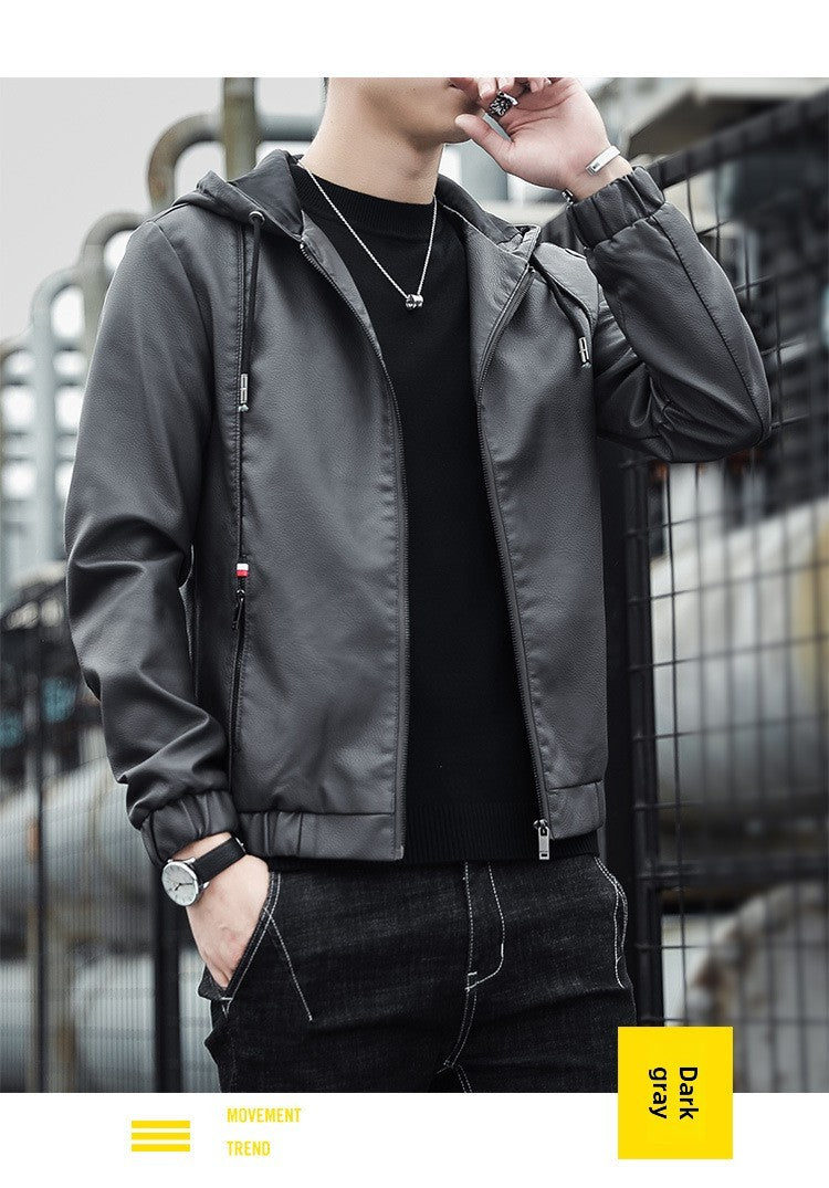 2025 Trending Men's Leather Jacket, Hooded Slim Fit Korean Style Biker Casual Coat