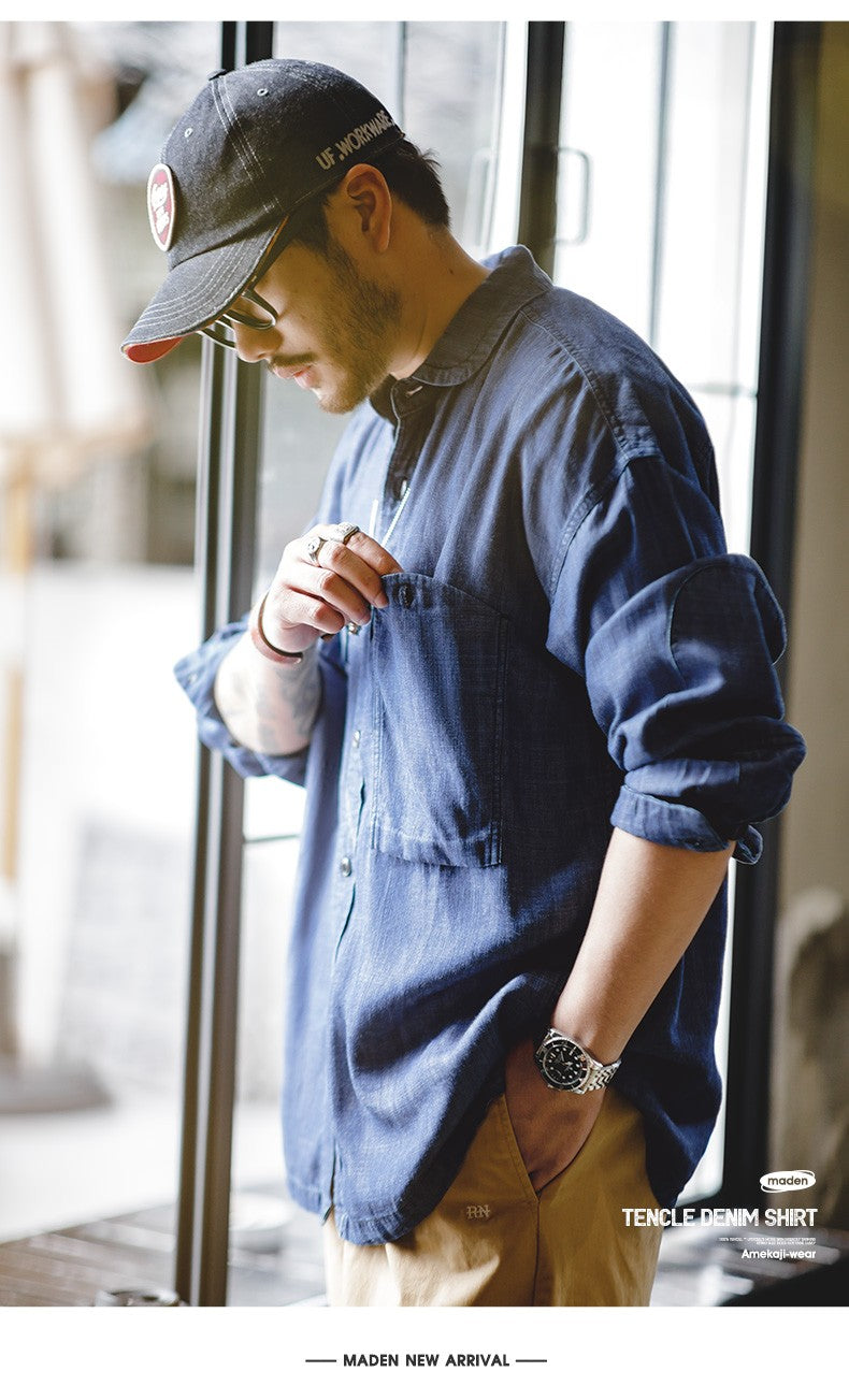 Maden 2023 Autumn Men's Vintage Tencel Denim Shirts Amekaji Lycra Long Sleeve CPO Shirt Jacket Uncle Fu Brand Luxury Jean Blouse
