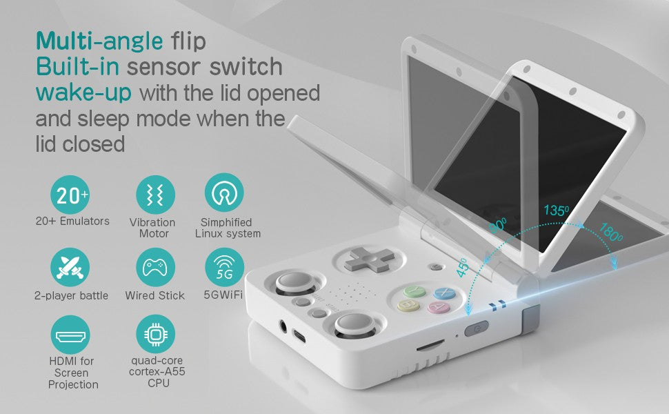 MIYOO Flip V2 Retro Handheld Game Console With Metal Hinge 3.5'' IPS Screen Compact Portable Game Machine Dual Analog Sticks Gif