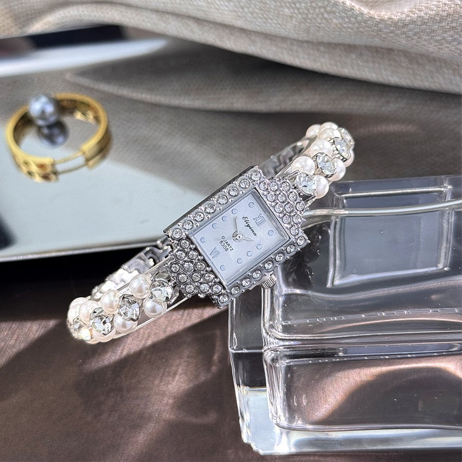 French Romantic Double-Row Exquisite Small Pearl Bracelet Watch Square Diamond-Encrusted Light Luxury Ladies Quartz Watch