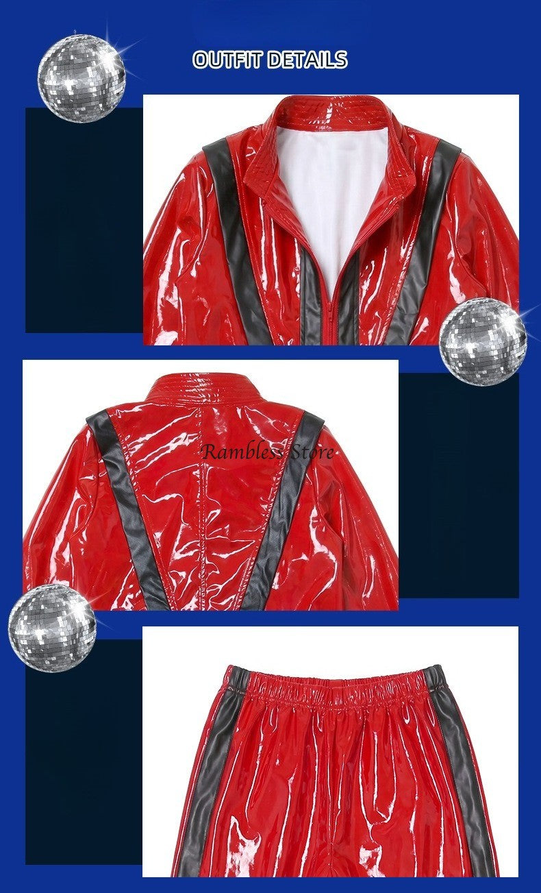 Red Jackets for Michael Jackson Cos Dancing Clothes Children Kids Halloween Purim MJ Dancer King Cos Performance Suits