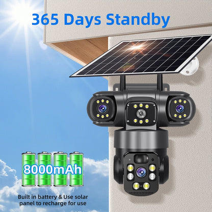Câmera Solar WiFi Full HD 9MP 3 Telas 3 Lentes Zoom 10X Câmera com Detecção Humana PIR Vigilância Visão Noturna Proteção de Segurança