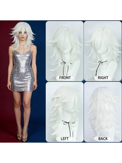 Synthetic Medium Length Fluffy Spiky Women Man Layered Straight Anime Cosplay Wig with Bangs for Halloween Party