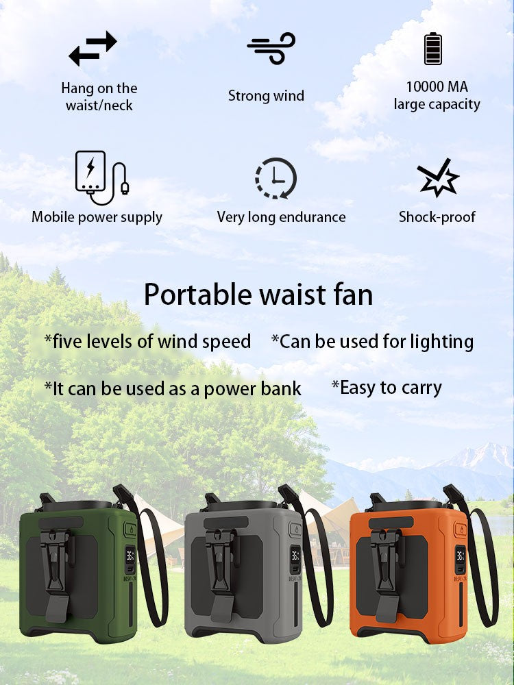 10000mAh Waist Fan Portable Handheld Hanging Neck Fan Ultra-Strong Wind with Phone Charging LED Light for Outdoor Working
