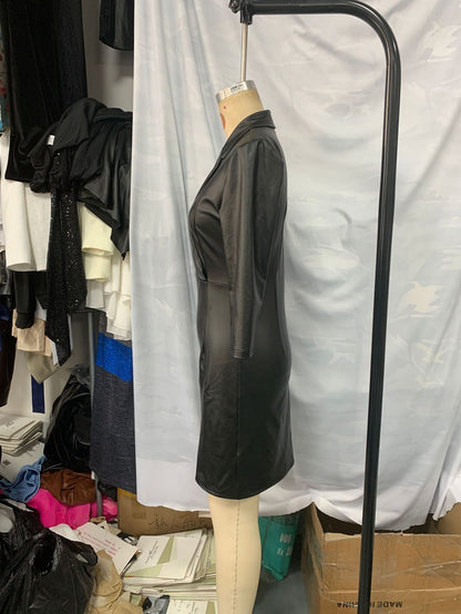 Fashionable Pure Black PU Leather Women's Dress Sexy V-neck Slim Fit Dress 2025 Autumn And Winter Temperament Commuting Vestido