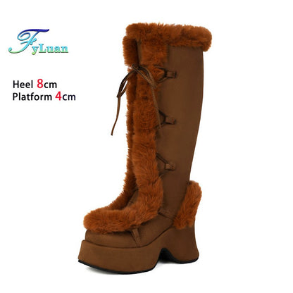8CM Chunk Heels Winter Warm Knee High Boots Women Snow Short Plush Platform Boots Faux Fur Cosplay Lace-up Long Shoes Size 34-43