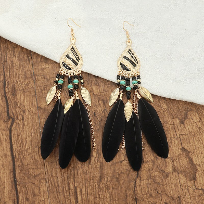 Brincos femininos longos de pena estilo boho, praia, com borla longa, miçangas, flores artesanais esmaltadas, para noiva, casamento, Pendientes Mujer