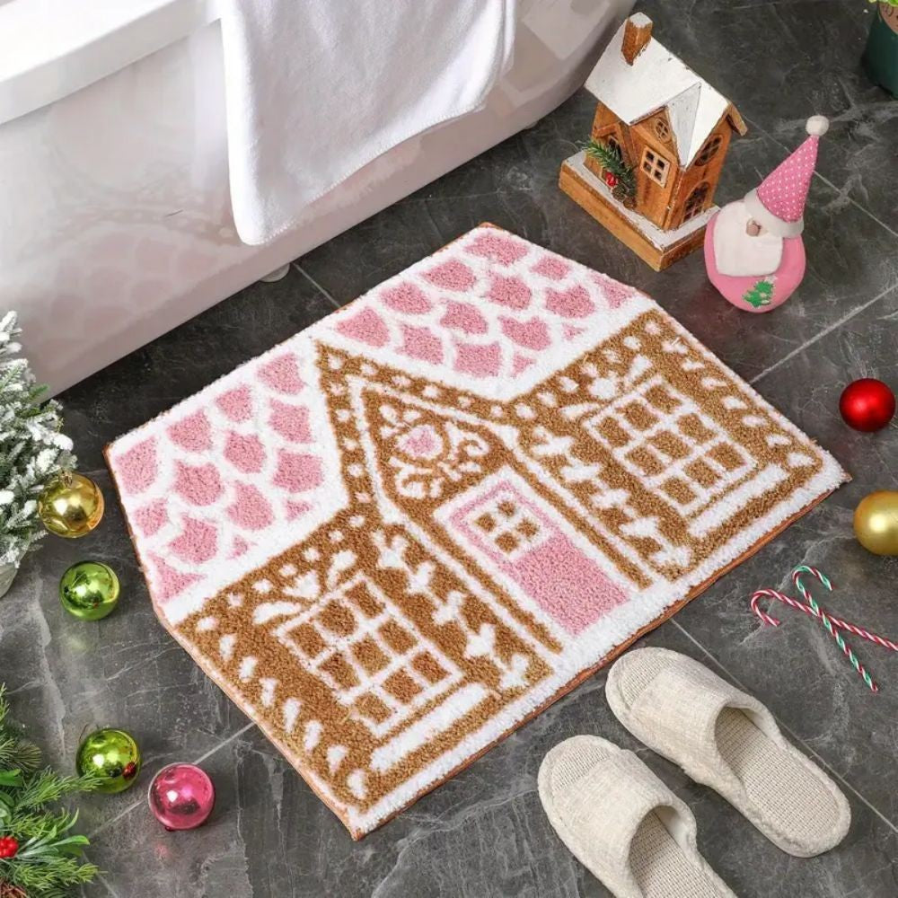 VIKAMA Christmas Gingerbread House Wool-like Carpet Water-Resistant Soft Bath Mat Bedside Rug for Bedroom Winter Home Decoration