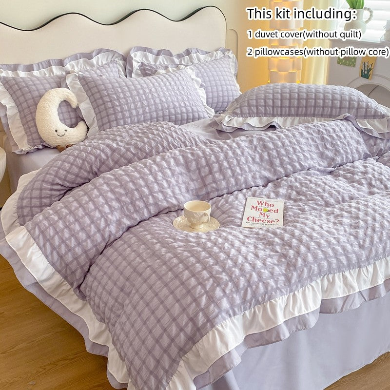 Conjunto de cama de renda coreana 3 peças de seersucker (1*Capa de Edredom + 2*Fronhas, Sem Enchimento) para quarto de hóspedes