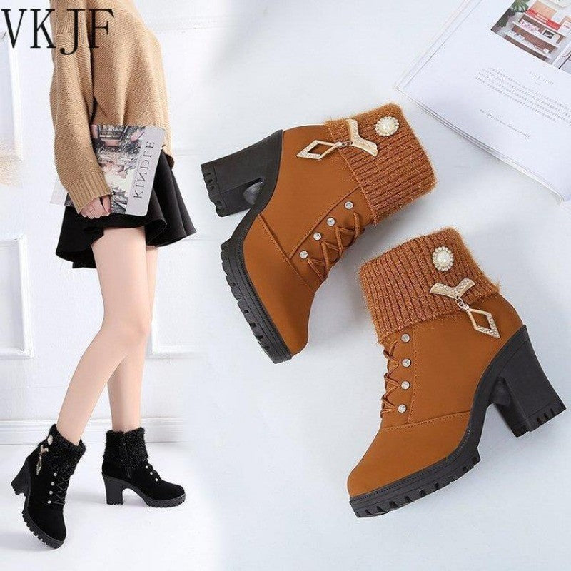 Women's Designer High Heels Shoes 2023 Winter New Warm Non-slip Block Cow Suede Warm Snow Boots Fashion Crystal Plush Goth Botas