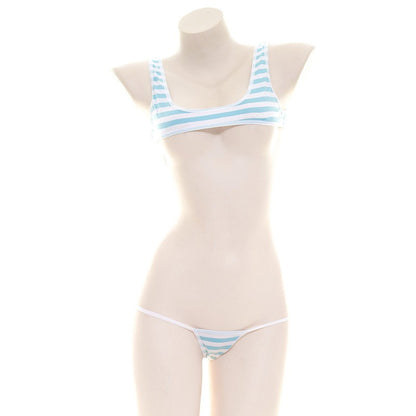 2025 Striped Halter Micro Bikini Set Lolita Kawaii Swimsuit Backless String Tied Bathing Suit