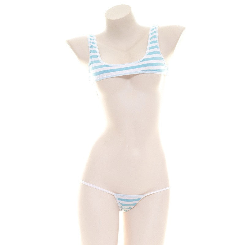2025 Striped Halter Micro Bikini Set Lolita Kawaii Swimsuit Backless String Tied Bathing Suit