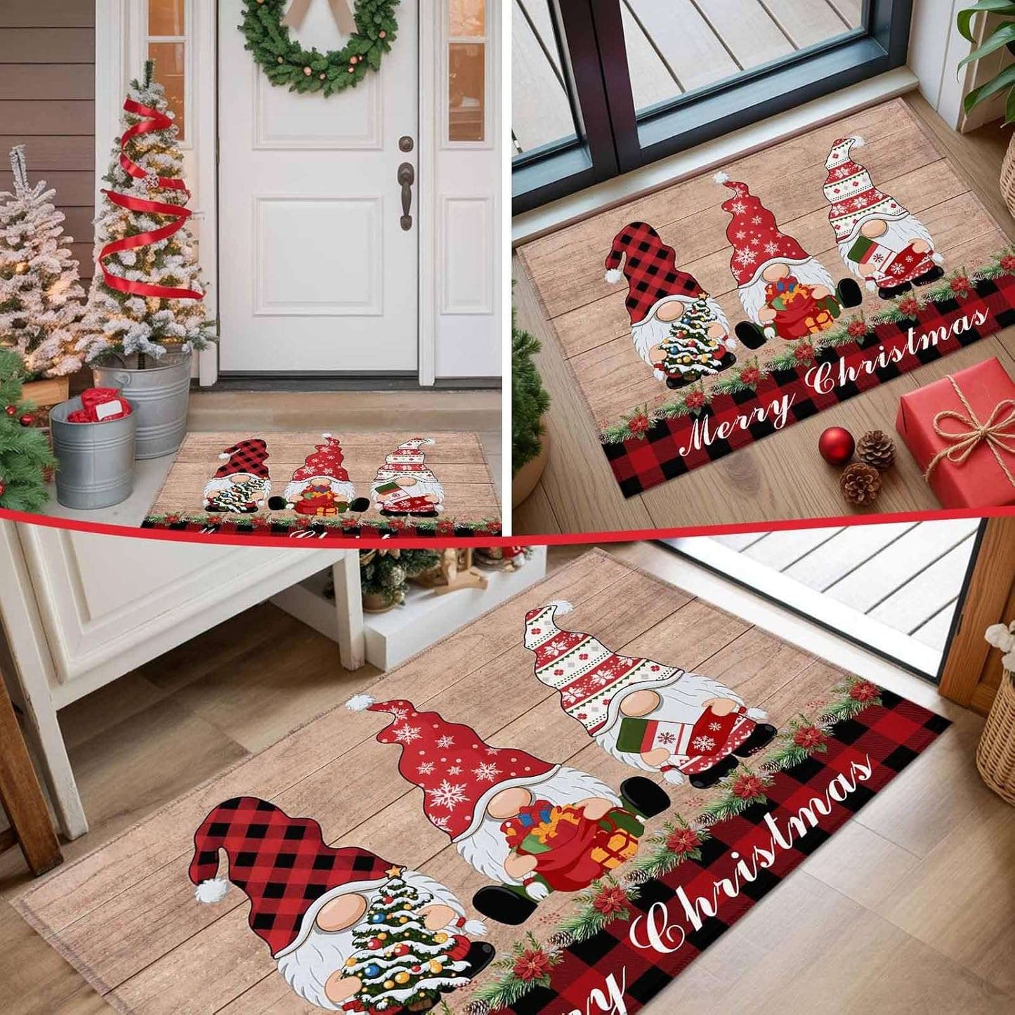VIKAMA Christmas Gnome Doormat Winter Dwarf Front Door Mat Non-Slip Washable Entryway Rug Holiday Home Decor