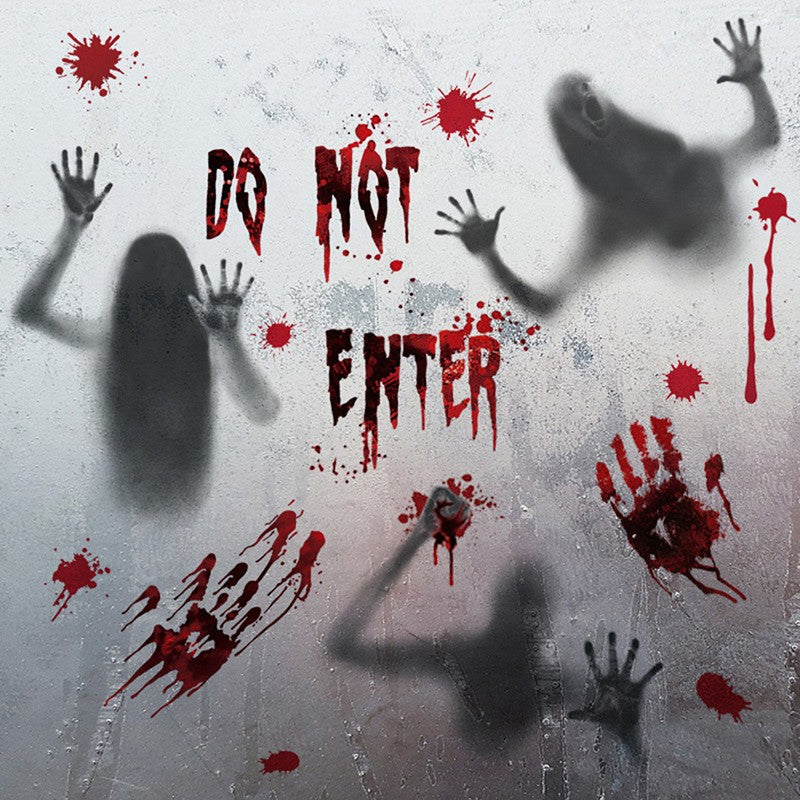 ?W?Halloween Stickers Horror Blood Hand Print Door Stickers Window Bathroom Shadow Glass Female Ghost Wall Decal Halloween Decor