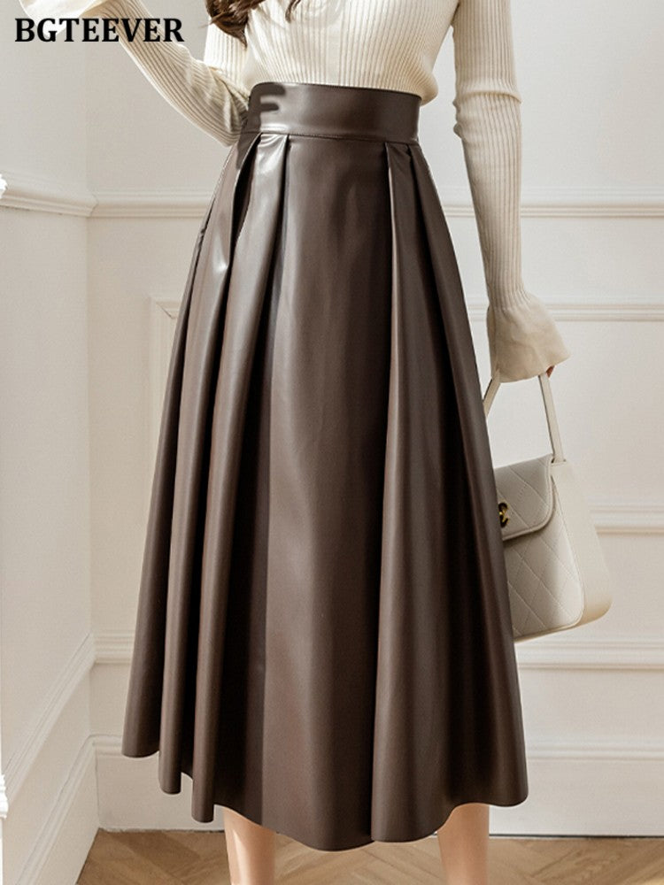 BGTEEVER Spring Autumn Loose PU Leather A-line Skirts Women Elegant High Waist Pleated Faux Leather Skirts Female