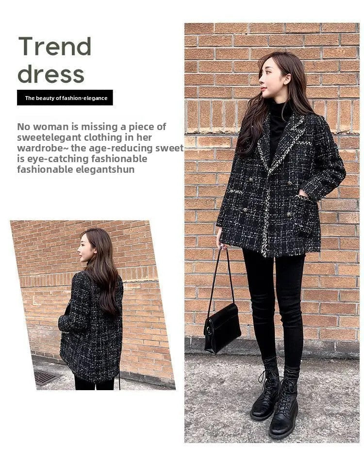 Thickened Cotton Tweed Coat for Women Spring Loose Plaid Outerwear Cozy Style Large Size Patchwork Small Suiting