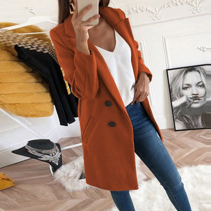 2024 European and American New Solid Color Lapel Mid length Button Woolen Coat for Women