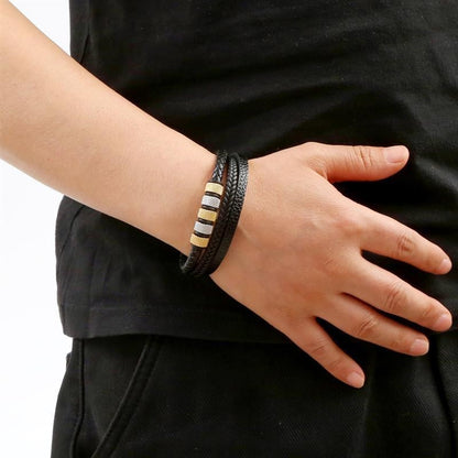 Pulseira de Couro Masculina Punk com Fecho Magnético de Aço Inoxidável Trançado em Camadas Envoltório de Couro Pulseiras Presente Joias Masculinas