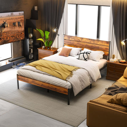 Cama Box de Metal Queen Size JHK com Cabeceira e Peseira e Suporte de Ripas de Madeira Resistente de 800LBS para Quarto e Casa