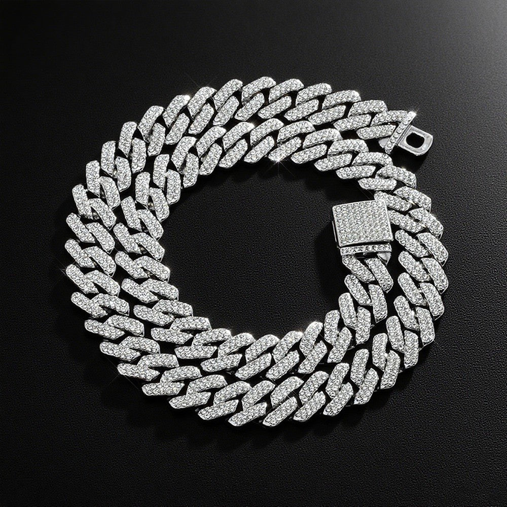 Moda Hip Hop Quadrado 14MM Corrente Cubana Colar Masculino Cor Dourada Feminino Strass Cravejado Corrente Cubana Joias Punk Presente