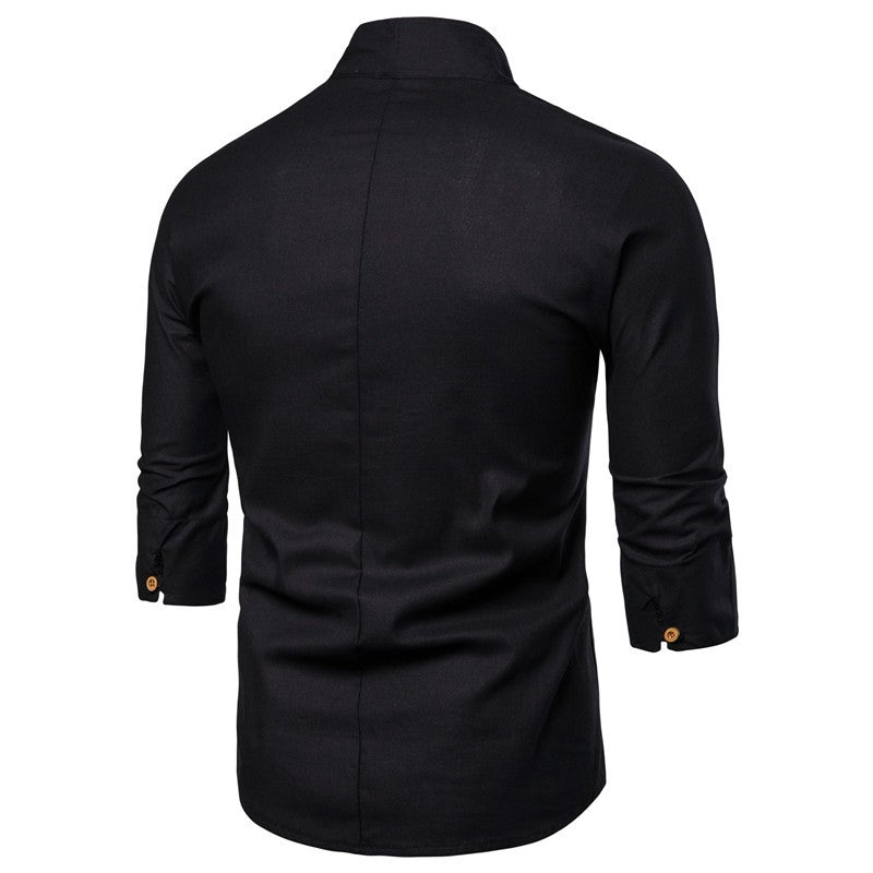 Shirts Men Solid Pullover V Neck Three Quarter Mens Kimono Shirts Traditional Streetwear Blouse Chinese Style Linen Shirts Man