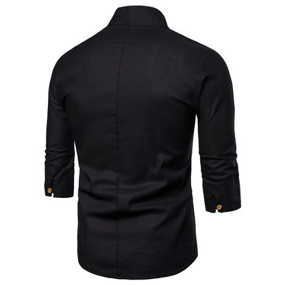 Shirts Men Solid Pullover V Neck Three Quarter Mens Kimono Shirts Traditional Streetwear Blouse Chinese Style Linen Shirts Man