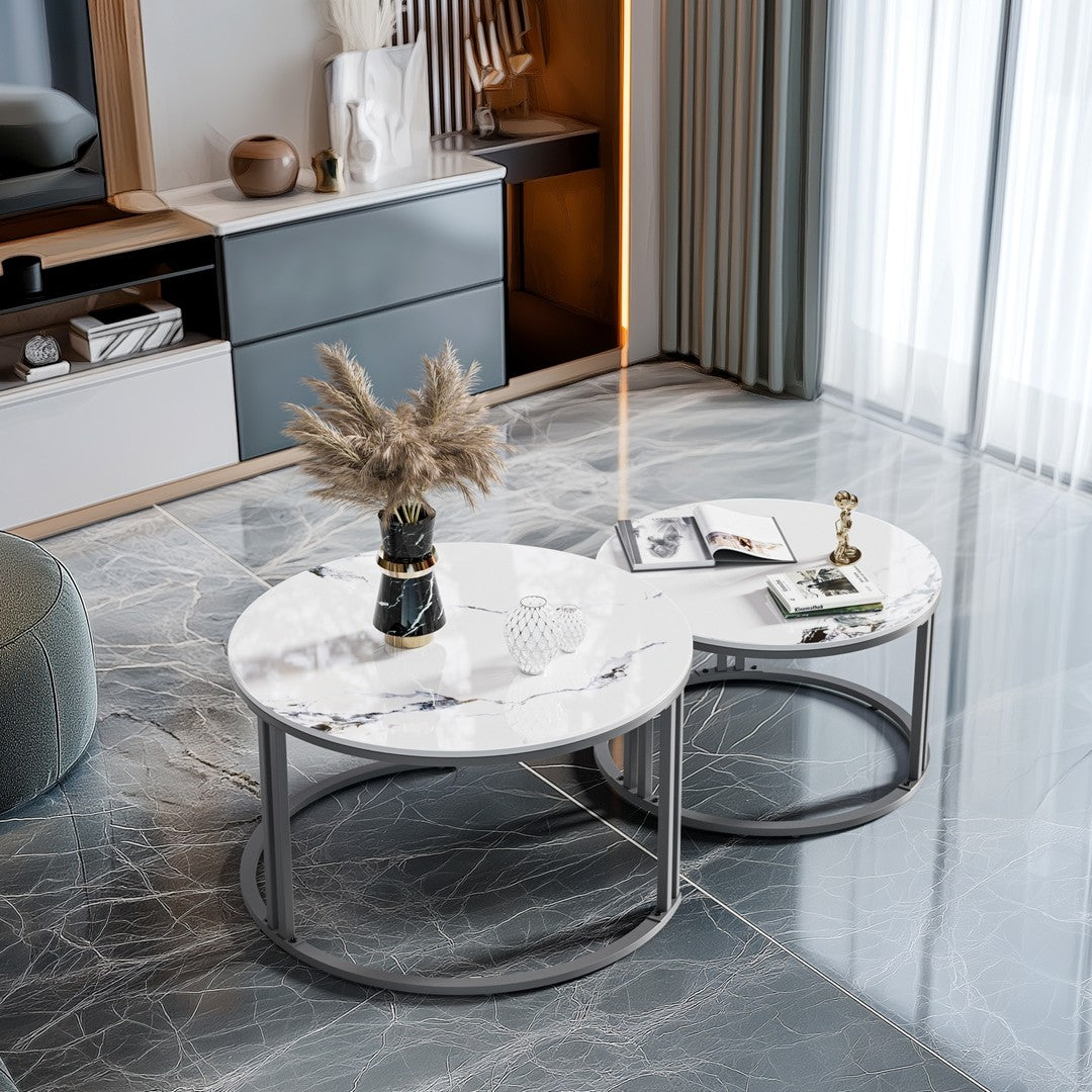 Nested Coffee Table: Set of 2 Modern Round Nesting Coffee Table Sintered Stone-top Stacking Sofa Accent Table for Living Room