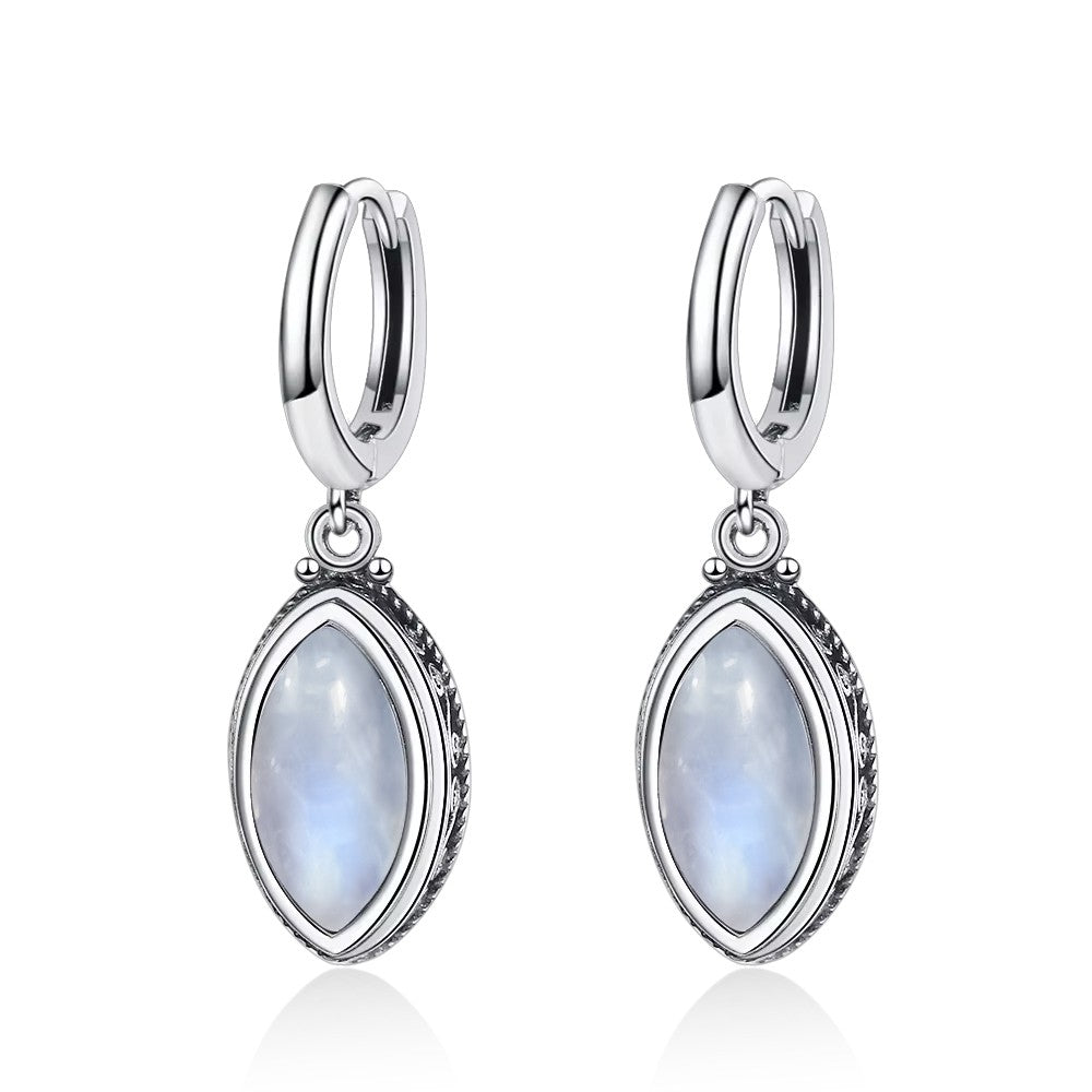 925 Sterling Silver Earrings Natural Moonstone 6*12mm Drop Earrings Retro Silver Vintage Eye Shape Fine Jewelry Gift For Women