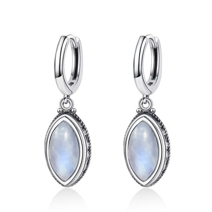925 Sterling Silver Earrings Natural Moonstone 6*12mm Drop Earrings Retro Silver Vintage Eye Shape Fine Jewelry Gift For Women